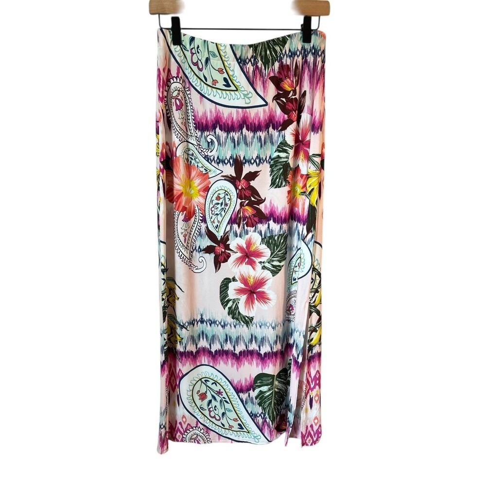 Chico's Maxi Skirt Tropical Floral Print Stretch Knit Size 0 Small Vacay Resort